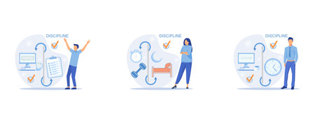 Discipline concept icon. Time management. Working day idea , Daily affairs of person, indicators of time for work, hobby, study, rest, set flat vector modern illustrationのイラスト素材
