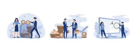 Saving money concept, Two business partners handshaking, Tiny HR manager looking for candidate for job, set flat vector modern illustrationのイラスト素材