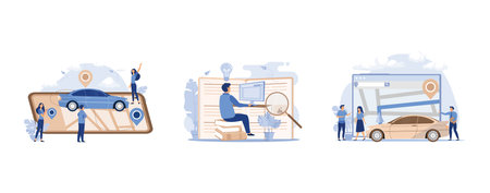 Gps system, online courses and business, financial saving insurance, set flat vector modern illustrationのイラスト素材