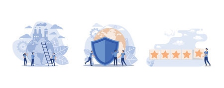 pollution of the planet, planet earth protected, star rating, set flat vector modern illustrationのイラスト素材