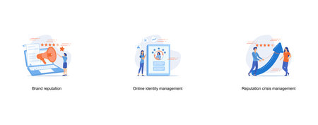 Promoting company credibility, Online identity management abstract concept, Crisis management, public relations, brand reputation maintenance, PR agency service, image protection strategy abstract metaphor, set flat vector modern illustrationのイラスト素材