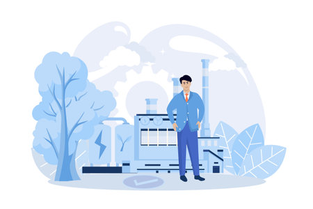 Sustainability illustration. Sustainable clean industrial factory, renewable energy sources and green electricity. Flat vector modern illustrationのイラスト素材