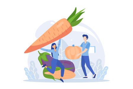 Sustainable lifestyle. People collecting plastic trash into recycling garbage bin, trying to save planet earth and following vegan diet. Flat vector modern illustrationのイラスト素材