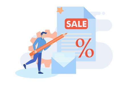 E-mail marketing and promotion scenes. Characters sending advertising mails and promotional offers with sales and discounts. Ecommerce business concept. Flat vector modern illustrationのイラスト素材
