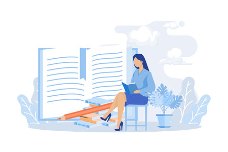 Self development and management illustration. Characters self-learning with books, online courses or internet tutorials. Education and personal growth concept. Flat vector modern illustrationのイラスト素材