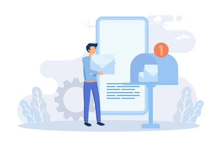 E-mail marketing and promotion scenes. Characters sending advertising mails and promotional offers with sales and discounts. Ecommerce business concept. Flat vector modern illustrationのイラスト素材