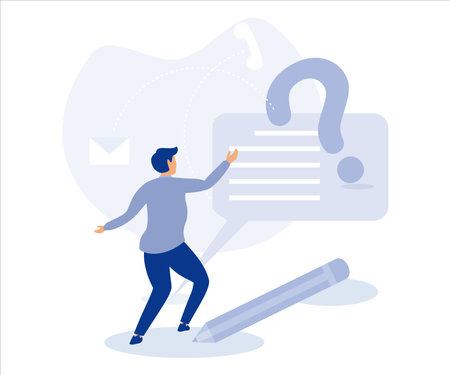 People characters standing near exclamation and question marks. Woman and man ask questions and receive answers. Frequently asked questions concept.flat vector modern illustrationのイラスト素材