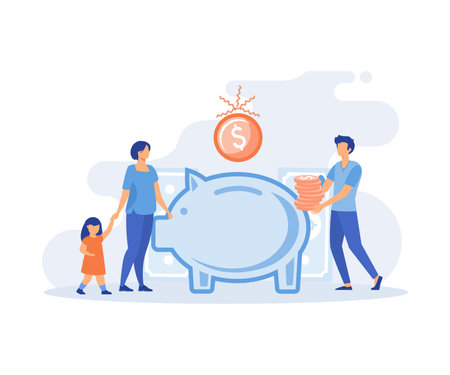 Family income. Characters planning and bookkeeping budget and household spending. People making savings in piggy bank. Flat vector modern illustrationのイラスト素材
