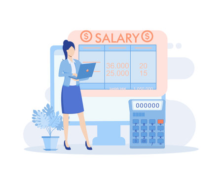 Financial administration. Characters calculating and filling salary payslip and payroll report. Business accounting, organization and audit concept.Flat vector modern illustrationのイラスト素材
