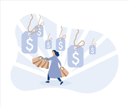 Shopping promotion, fashion for lady concept,happy young lady wearing beautiful stylist dresses ,Flat vector modern illustrationのイラスト素材