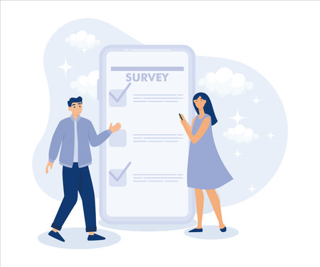 opinion or customer feedback using internet concept, man and woman using mobile or smartphone to fill in online survey checklist. Flat vector modern illustrationのイラスト素材