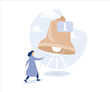 Ring subscription bell,young woman new subscriber ringing the big bell with notification number.Flat vector modern illustrationのイラスト素材