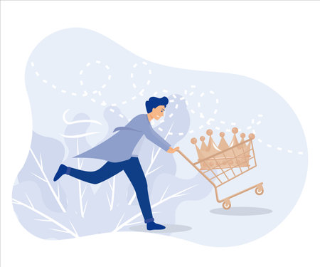Customer is king, happy man customer wearing king crown running with shopping cart ready to buy product. Flat vector modern illustrationのイラスト素材