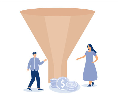 Marketing or sale funnel, online ads or purchase rate concept, business people marketer holding funnel with flow of purchase money, Flat vector modern illustrationのイラスト素材