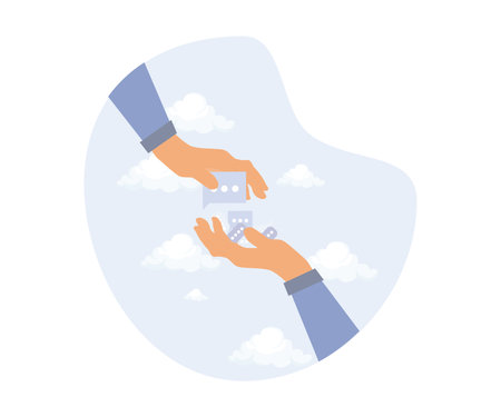 Collect feedback,communication or discussion concept, businessman hand giving speech bubble feedback, modern flat vector illustrationのイラスト素材