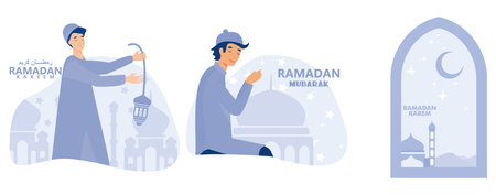 Ramadan greeting card. ramadan kareem with flat design mosque and crescent moon, set flat vector modern illustrationのイラスト素材