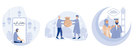 Ramadan kareem greeting postcard, Ramadan pay zakat, Happy ramadan kareem, set flat vector modern illustrationのイラスト素材
