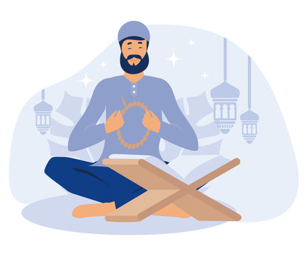 Ramadan Kareem, Muslim man praying and Scene with Mosque or Masjid in Background. flat vector modern illustrationのイラスト素材