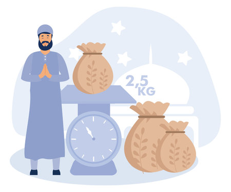 Illustration of Muslim paying zakat, Ramadan month activities with pay zakat before Eid Mubarak, flat vector modern illustrationのイラスト素材