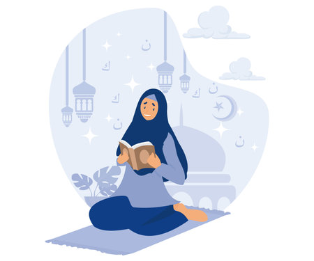 woman is reading Al Quran on night Ramadan day, ramadan kareem , flat vector modern illustrationのイラスト素材