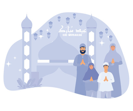 Happy muslim family greeting and celebrating Eid mubarak, flat vector modern illustrationのイラスト素材