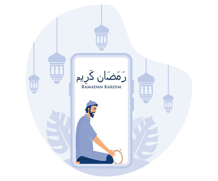 Ramadan kareem greeting postcard, Muslim prayer on mobile phone wallpaper, flat vector modern illustrationのイラスト素材