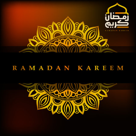 Ramadan kareem background, illustration with red, yellow, orange and dark burgundy light ornate arabic lanterns and mandala.のイラスト素材
