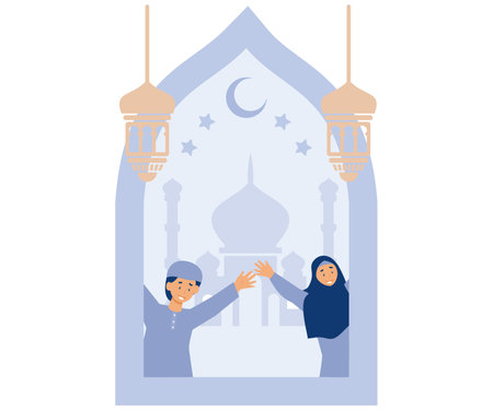 Ramadan kareem greeting card, muslim kids with fanoos lantern, mosque, crescent moon, stars, flat vector modern illustrationのイラスト素材