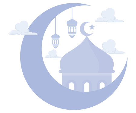 Ramadan Kareem with Crescent and visual inside,  Ramadan greeting and wishing muslims, flat vector modern illustrationのイラスト素材