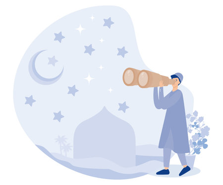 Muslim person looking for hilal at night sky with telescope, Starting ramadan fasting month,  flat vector modern illustrationのイラスト素材