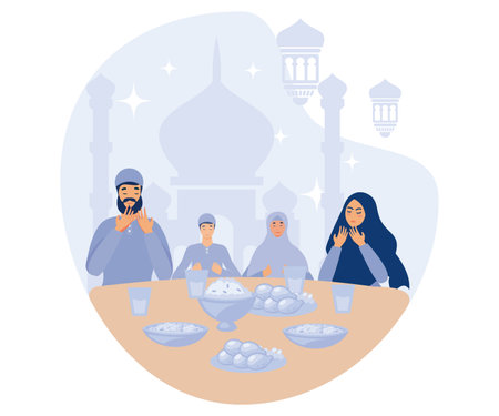Moslem family iftar enjoying ramadan kareem mubarak together in happiness during fasting with meal, flat vector modern illustrationのイラスト素材