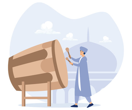 muslim man playing bedug, ramadan kareem with mosque background, flat vector modern illustrationのイラスト素材
