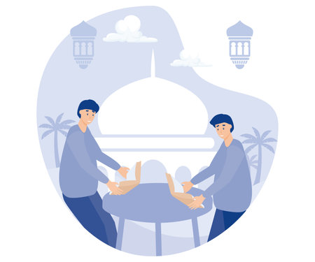 Muslim people reading and learning the quran, flat vector modern illustrationのイラスト素材