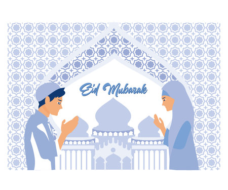 moslem people forgive each other, eid mubarak greeting card, flat vector modern illustrationのイラスト素材