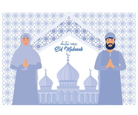 moslem people forgive each other, eid mubarak greeting card, flat vector modern illustrationのイラスト素材