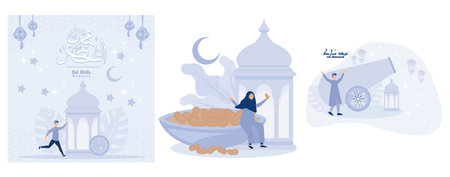Muslim are happy when breaking the fast of Ramadan, A Muslim is happy to welcome the month of Ramadan, set flat vector modern illustrationのイラスト素材