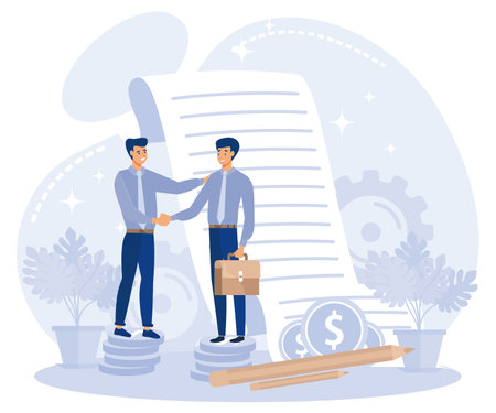 Venture funding concept, partners signing contract, making deal, flat vector modern illustrationのイラスト素材