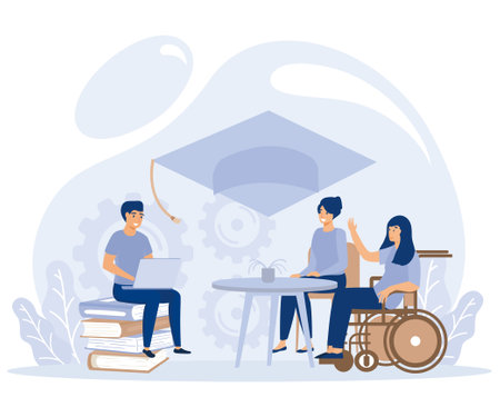 Social environment concept, Social adaptation of disabled people, employment and inclusive education, flat vector modern illustrationのイラスト素材