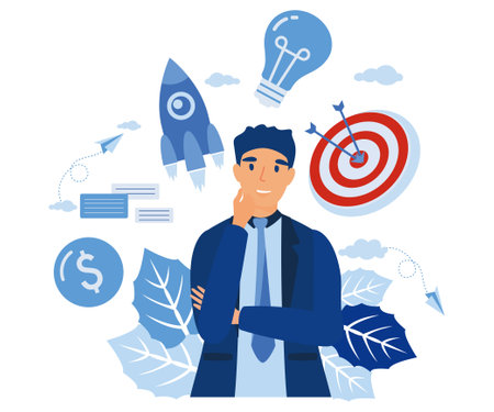 leader success working multitasking. confident businessman. overhead character rocket startup target light bulb as idea and checkbox. flat vector modern illustrationのイラスト素材