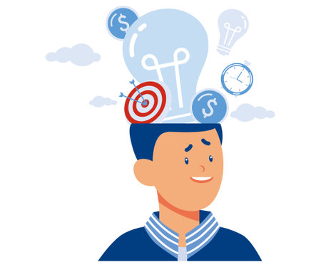 head idea light bulb creative thinking goal. brainstorming thought process, project team leader thinks out of the box to solve problems and find answers, flat vector modern illustrationのイラスト素材