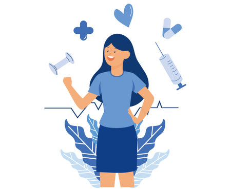 Healthcare concept. Happy healthy woman caring about heart wellness with sport, pharmacy, vitamins, vaccination, medical check. Health awareness, flat vector modern illustrationのイラスト素材
