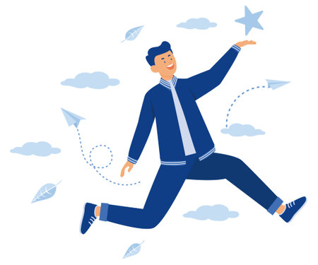 fly jump in career success. flight in skies of happy person. on the seventh heaven. the girl jumped into the sky for a star. way to success, flat vector modern illustrationのイラスト素材