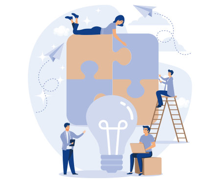 Teamwork concept. People connecting puzzle elements. Flat vector modern illustration.のイラスト素材