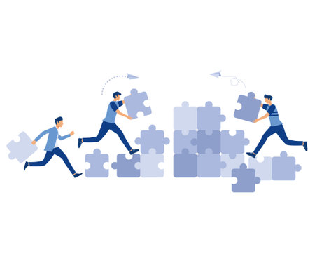 Business concept, people connecting puzzle pieces. Symbol of teamwork, cooperation, partnership, flat vector modern illustrationのイラスト素材