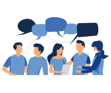 businessmen discuss social network, news, social networks, chat, dialogue speech bubbles vector, flat vector modern illustrationのイラスト素材