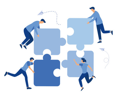 Business concept. Team metaphor. people connecting puzzle elements, Symbol of teamwork, cooperation, partnership, flat vector modern illustrationのイラスト素材