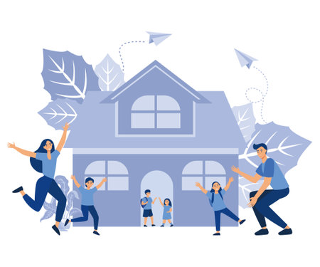 Parents rejoice with their children stand next to a new house, mortgage for a young family on real estate, investment in housing, flat vector modern illustrationのイラスト素材