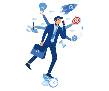 Multitasking work, productive master doing her job thanks to time management and skill management. workaholic workplace stress management, flat vector modern illustrationのイラスト素材