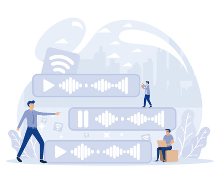 Voice messages concept. Tiny people use microphone to record message. Flat vector modern illustration.のイラスト素材