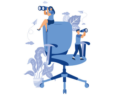 searching for employees for vacant place. find job. HR department reviews resumes of job applicants, career opportunity concept binoculars and spyglass, flat vector modern illustrationのイラスト素材